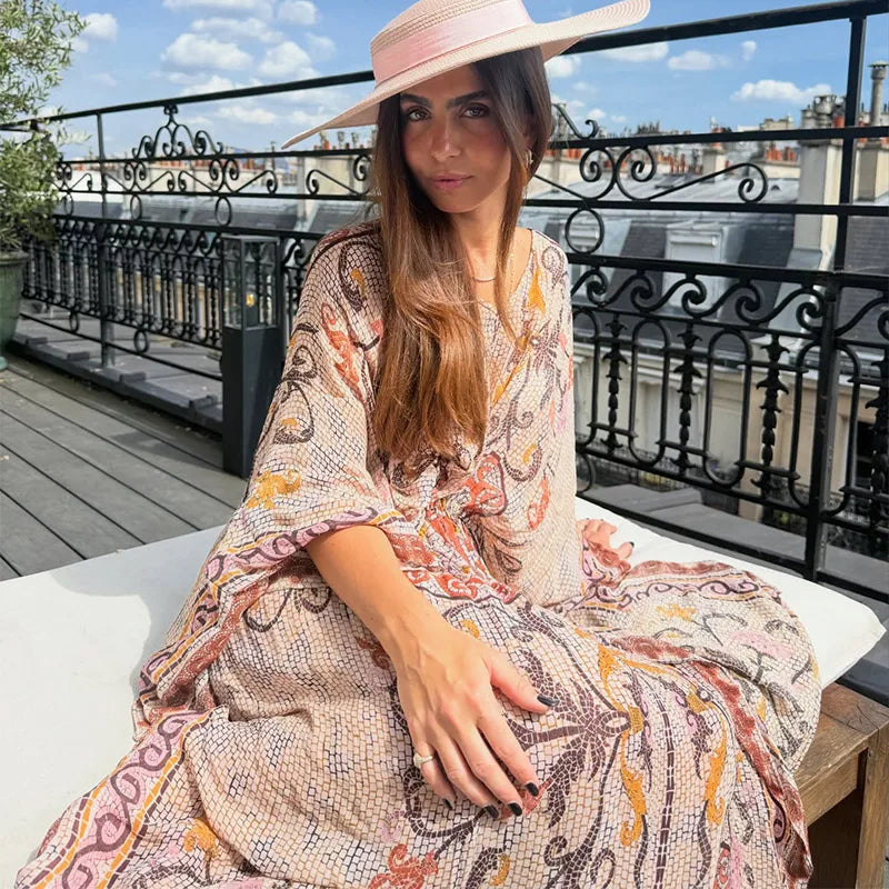 Women V Neck Vintage Vine Print Batwing Sleeve Maxi Dress Drawstring Waist Loose Flare Long Dress Mesh Texture Beach Vacation