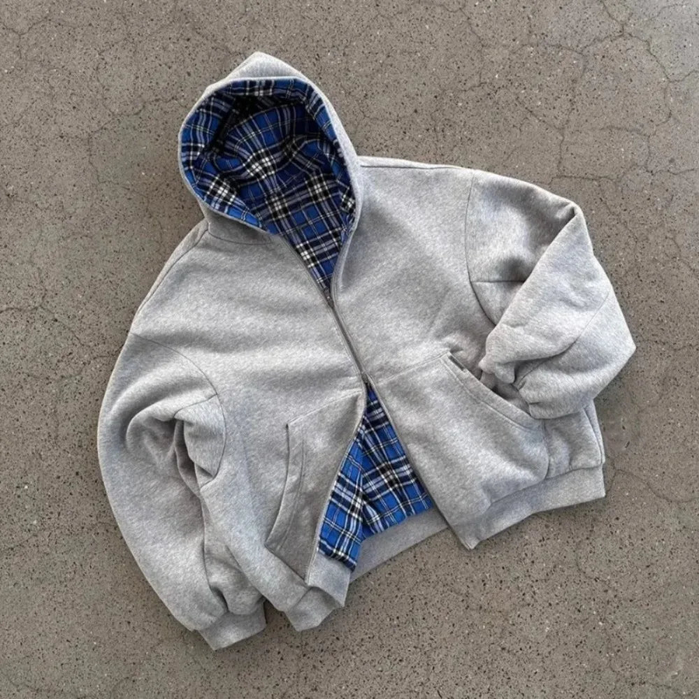 Reversible Oversized Plaid-Lined Hoodie