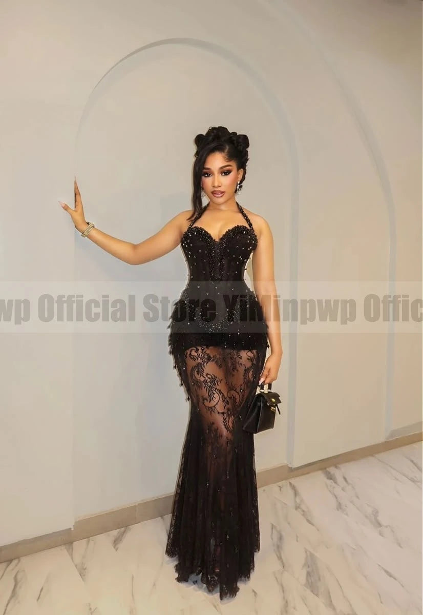 2026 Black Mermaid Formal Evening Dresses for Women Halter See Through Crystal Aso Ebi Africa Prom Ceremony Gowns Customized