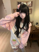 Japanese Kawaii Rabbit's Ears Hoodies Loose Polka Dot Patchwork Women Grunge Hoody Y2k Aesthetic Fairy Strawberry Sweatshirt