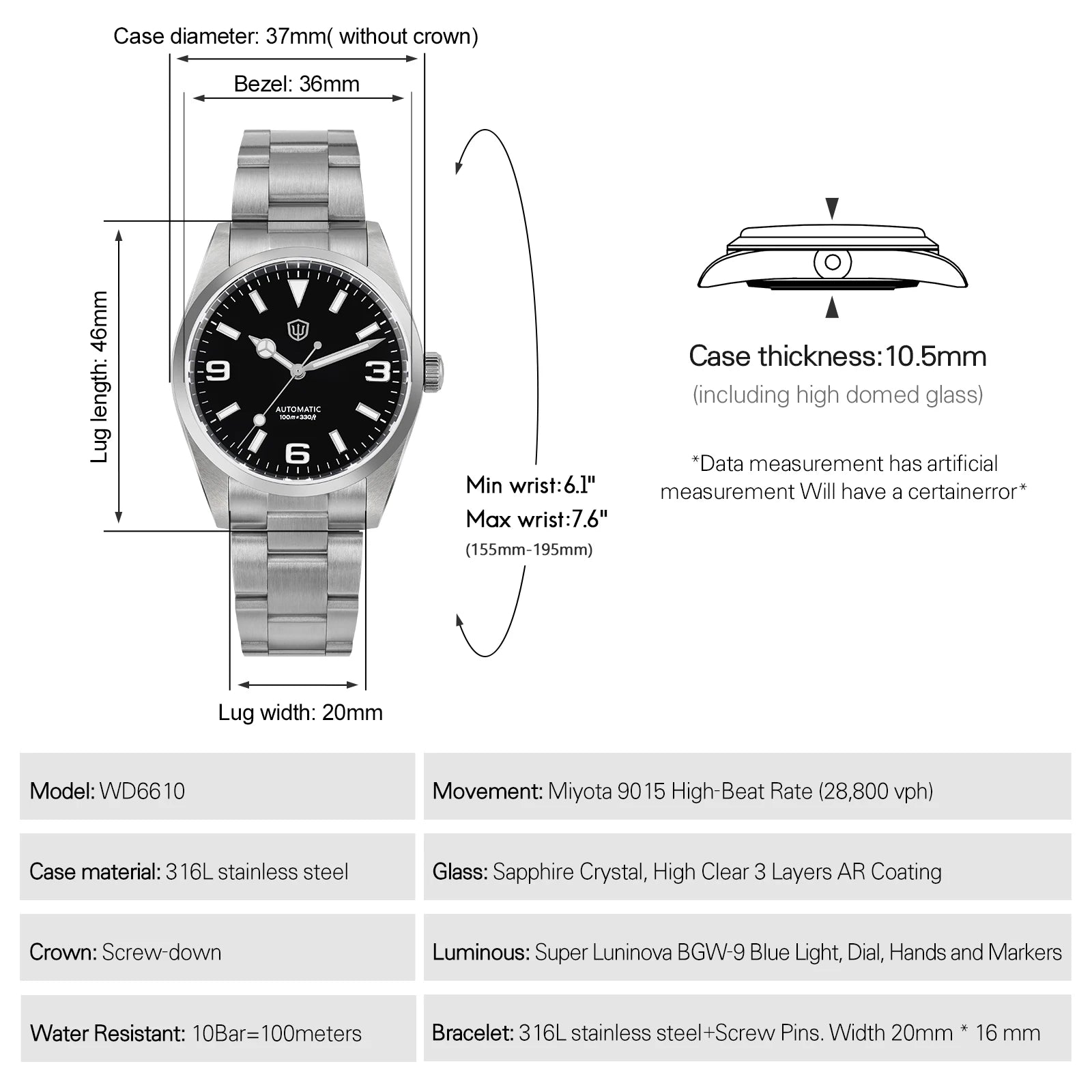 Watchdives WD6610 Luxury Watch Miyota 9015 Movement Mechanical Watch Stainless Steel 100m Waterproof Sapphire Wristwatch