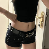 Women’s Y2K Low-Waist Black Denim Hot Shorts – Slim Fit Gothic Punk Jean Shorts