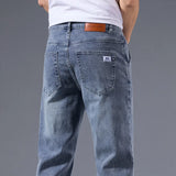 Men's Winter Fleece Thicken Lightweight Business Straight Leg Jeans Solid Color Versatile Slight Elastic Long Pants