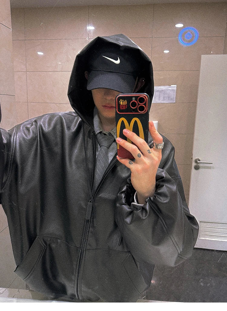 Men’s Oversized Hooded Faux Leather Jacket