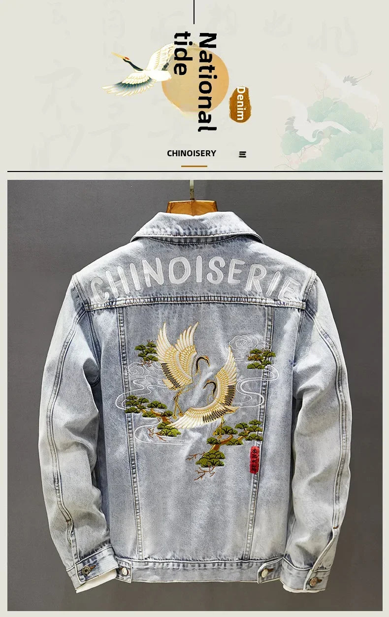 New Denim Jacket Mens Embroidery Trendy Jackets Casual Vintage Streetwear Coats Autumn High Street Embroidery Denim Jacket