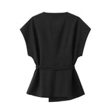 2-Piece Sleeveless V-Neck Trouser Set with Belt – Summer Commuter Wide Leg Suit