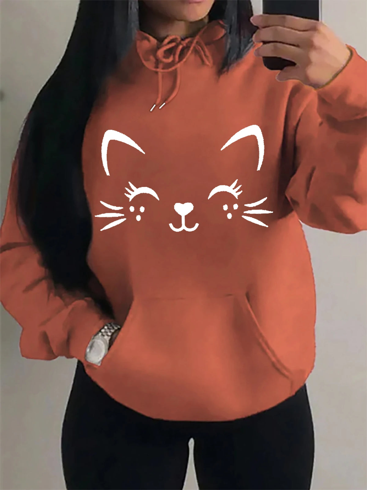 Women's Playful Cat Graphic Fleece Hoodie