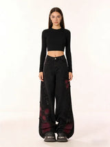 Women's Baggy Butterfly Jeans Vintage 90s Aesthetic Cowboy Pants Harajuku Oversize Denim Trousers Y2k 2000s Black Gothic Clothes