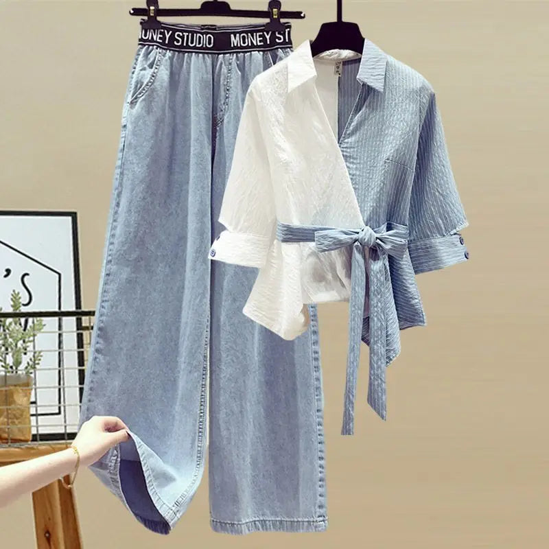 2025 Summer New Stitched Chiffon Shirt Female Set Elegant Women's Jeans Casual Blouse Two Piece Set Ladies Tracksuits