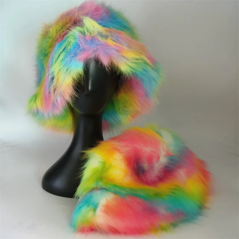 1pcs Winter Faux Fur Bucket Hat Warm Fluffy Plush colorful soft Winter hat Personality fur Fisherman Hats for women Plush hat겨