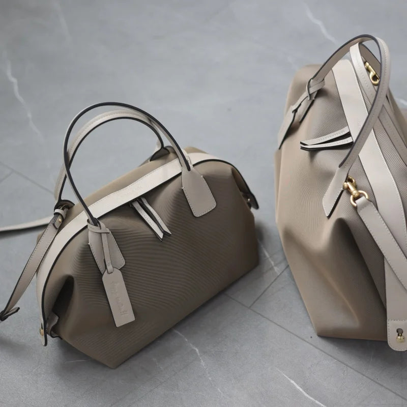 Women's Nylon With Genuine Leather Zipper Tote Lightweight Soft Travling Bags Versatile Style Handbag Different Colors And Size