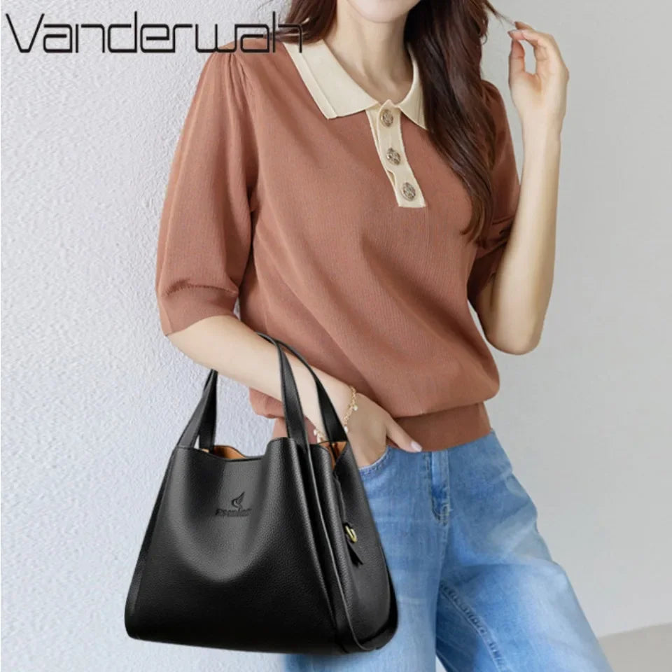 Genuine Brand Sturdy Durable Soft Leather Top-handle Bags Female Handbags Women 3 Layer Shoulder Crossbody Totes Messenger Bag