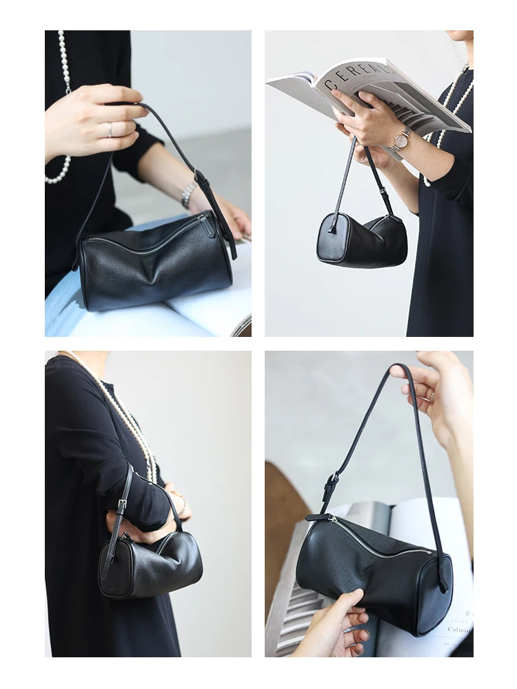 Full Grain Leather Soft Balck Small Size Crossbody Bags For Women Luxury Adjustable Shoulder Strap Underarm Bag Portable Handbag