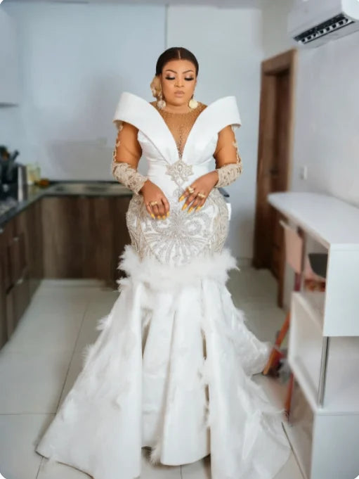 Mermaid Evening Gown | Crystals, Feathers & Beading
