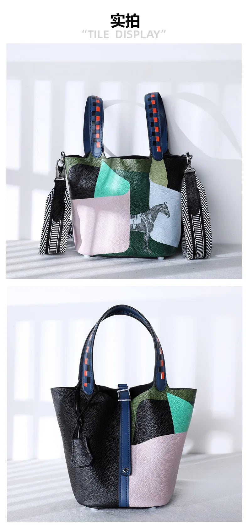 Purses and Handbags Bags for Women Painting Vegetable Basket Handbag Adjustable Shoulder Strap Genuine Leather Bucket Bag