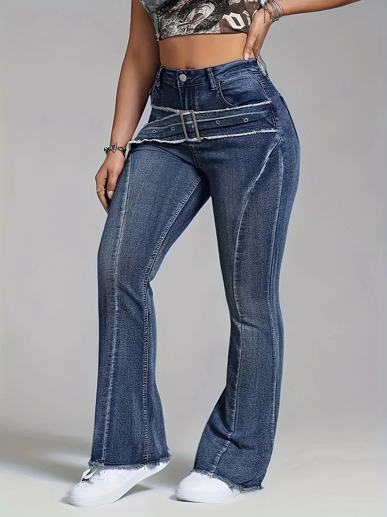Retro Blue Faux-Waistband Flared Jeans