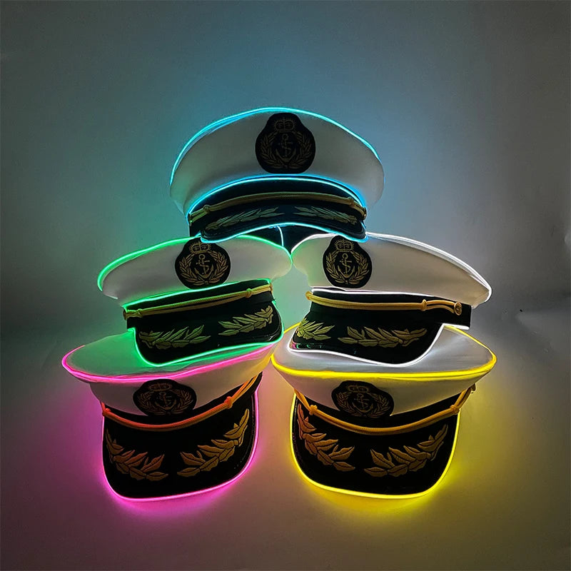 New Luminous White Sailor Captain Yacht Caps Wheat Embroidery LED Glow Navy Marine Hat Men Women Cosplay Halloween Costume Hats