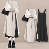 Women's Spring Autumn Long Split Sweater Sling Dress Two Piece Set Lady Graceful Black Knit Clothing Sleeveless Dresses Outfits