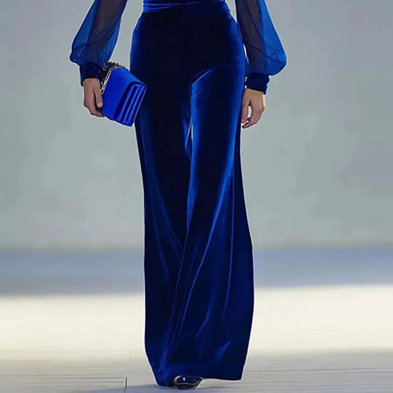 Deep V-Neck Velvet Jumpsuit – Elegant High-Waist Mesh Long Sleeve Romper