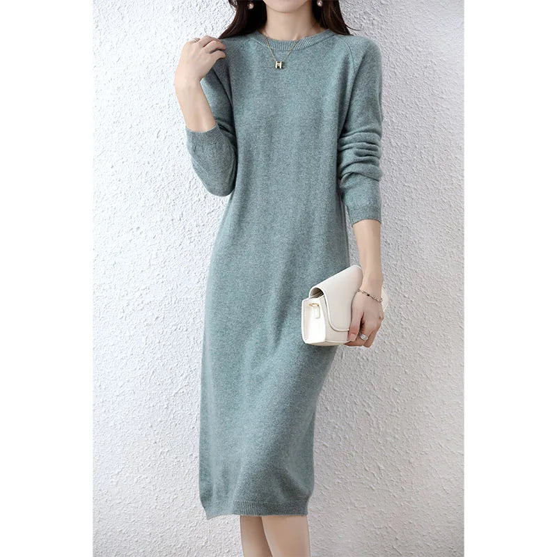 100% Merino Wool Long-Sleeve Midi Sweater Dress