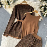 3-Piece Women’s Knitted Set: V-Neck Belted Cardigan & High-Waist Wide-Leg Pants
