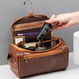 Leather Travel Toiletry Bag for Men Women, Large Capacity Cosmetic Organizer with Hanging Hook, Waterproof Makeup Storage Bag Po