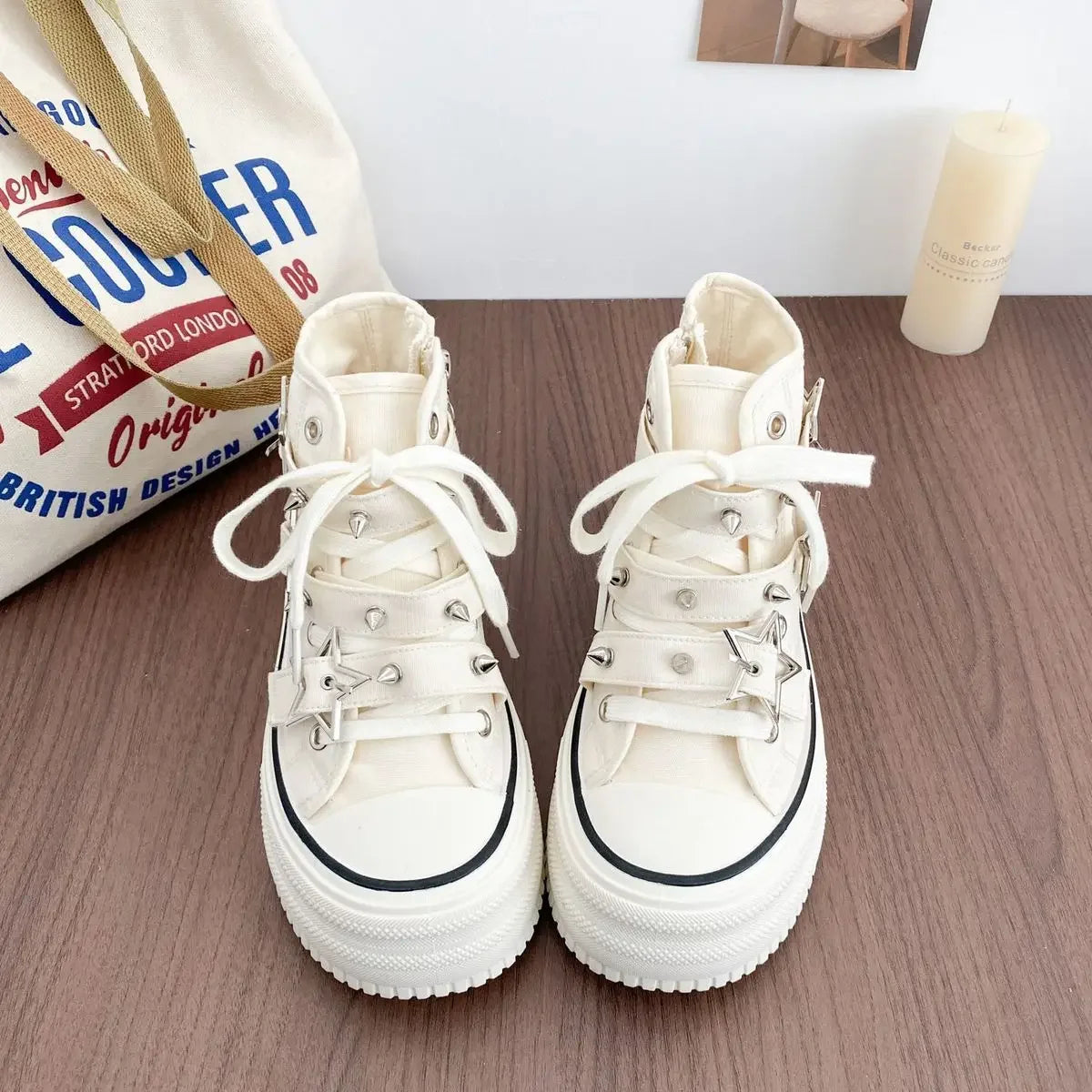 Women's High-Top Canvas Platform Sneakers — Rivet Buckle Lace-Up