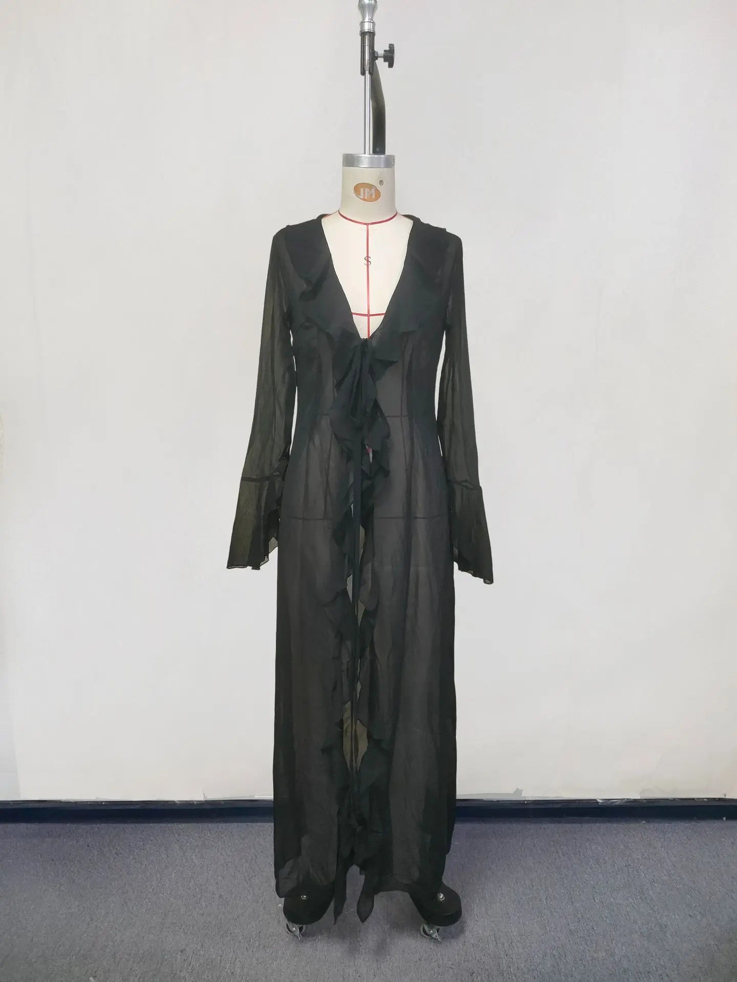 Womens V-Neck Ruffled Chiffon Beach Tunic - Long Sleeve Sunscreen Cover-Up Dress