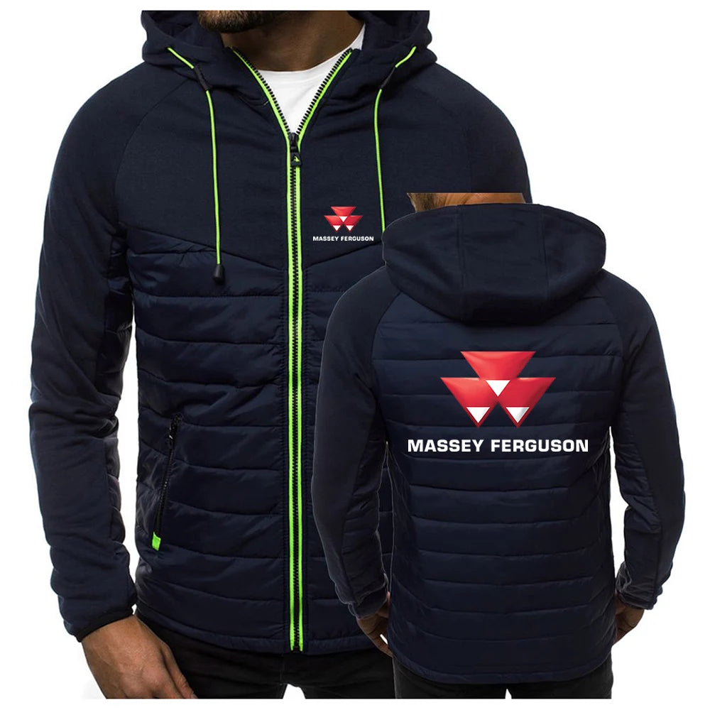Massey Ferguson 2024 Men Printing New Autumn Warm Patchwork Hip Hop Seven-color Cotton-padded Jacket Hooded Tops