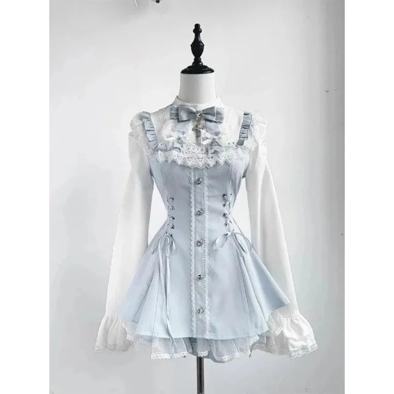 Japanese Sweet Lolita 2 Piece Sets Women Retro Off Shoulder Bow Blouse Tops Plaid Cake Mini Skirt Girls Kawaii Y2k Slim Outfits