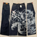 Harajuku Dragon & Snake Embroidered Wide-Leg Jeans