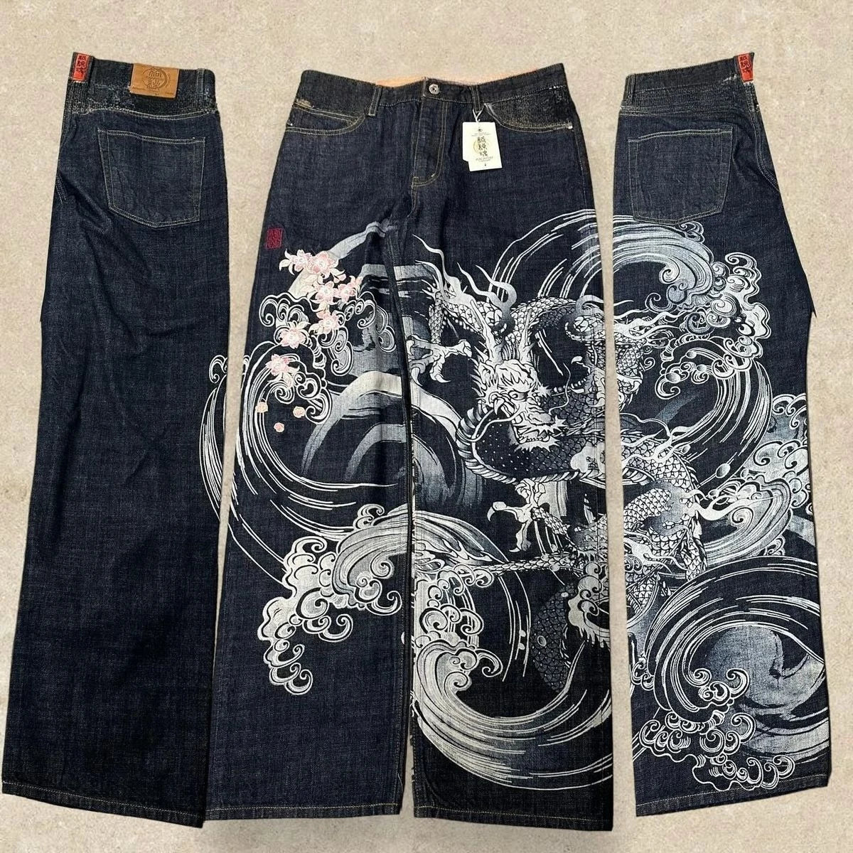 Harajuku Dragon & Snake Embroidered Wide-Leg Jeans