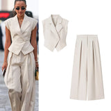2 Pcs Women Chic Pants Suit Casual Turn-down Collar Slim Top+ Zipper Waist-drooping Wide-leg Long Pants Fashion Summer Suits Set