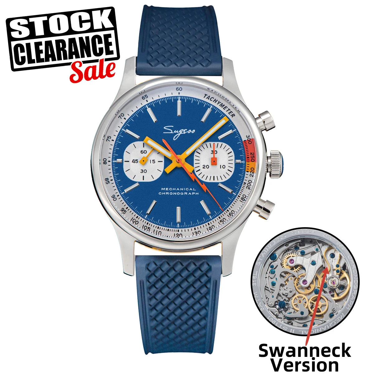 Sugess Pilot Watch with Seagull Movement Swanneck Wristwatch Mechanical Chronograph Sappire Crystal Military Limited Racing 1963