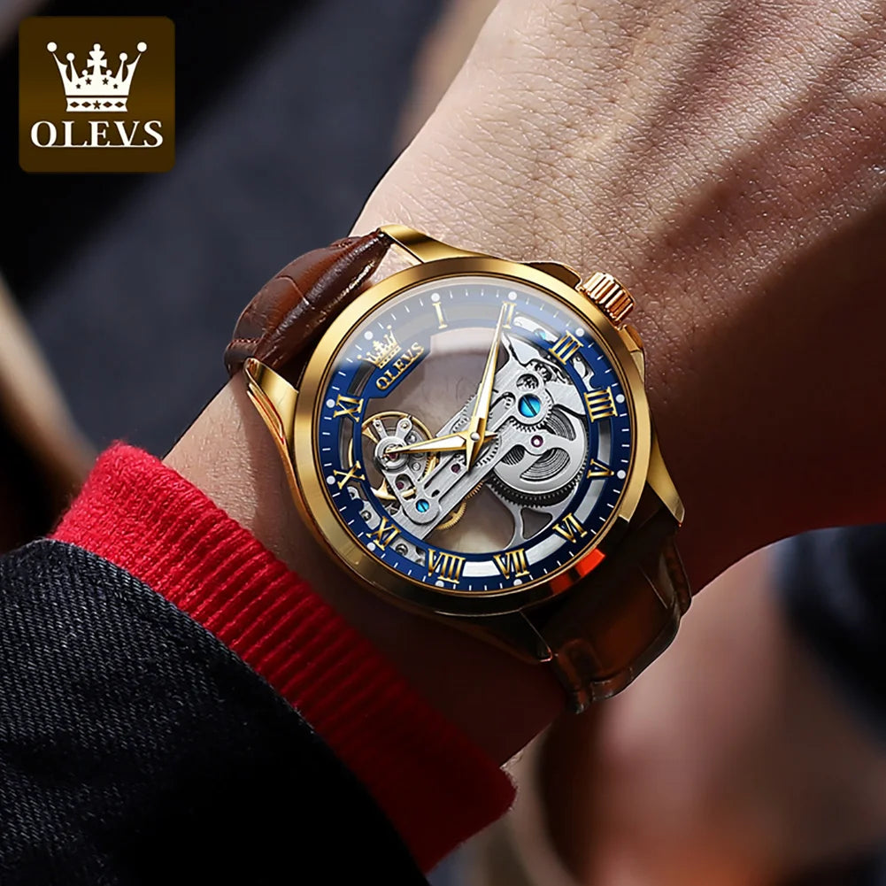 OLEVS 6661 Automatic Mechanical Man Watch Full Transparant Skeleton Flywheel Leather Strap Luxury Brand Original Mens Wristwatch