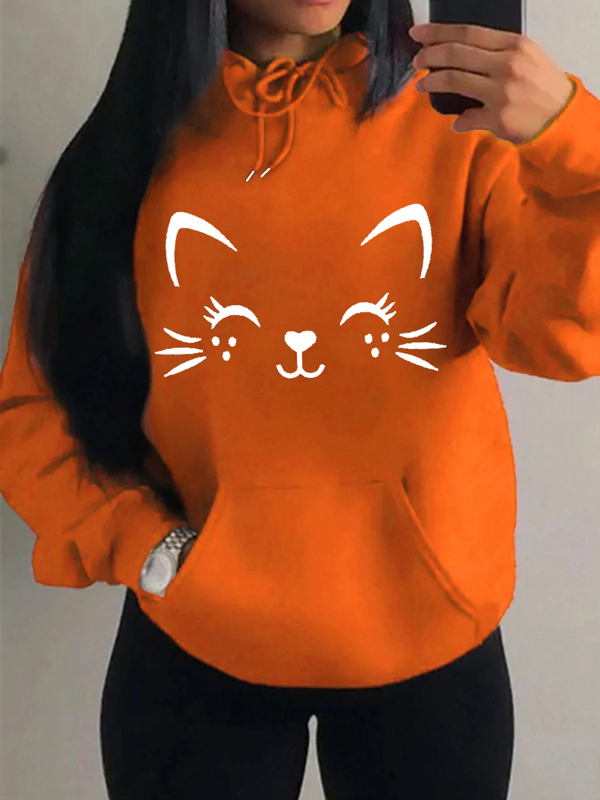 Women's Playful Cat Graphic Fleece Hoodie