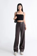 Women's High Waist Faux Leather Wide Leg Fleece Pants