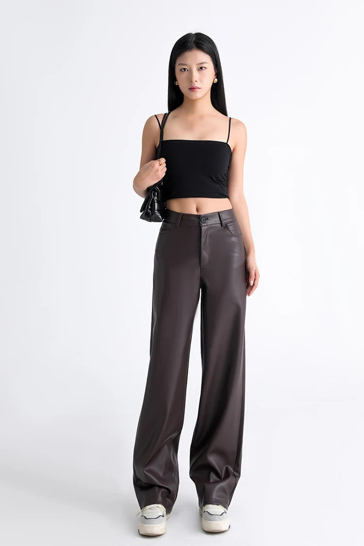 Women's High Waist Faux Leather Wide Leg Fleece Pants