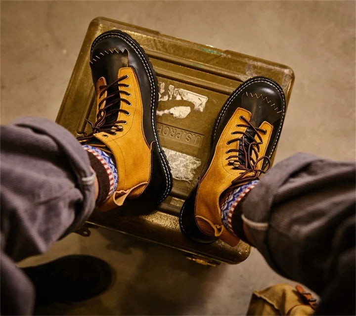 KOWM Hiking shoes men's cowhid boots British leather trekking shoes thick soled ankle sneakers cowhide high top motorcycle boots
