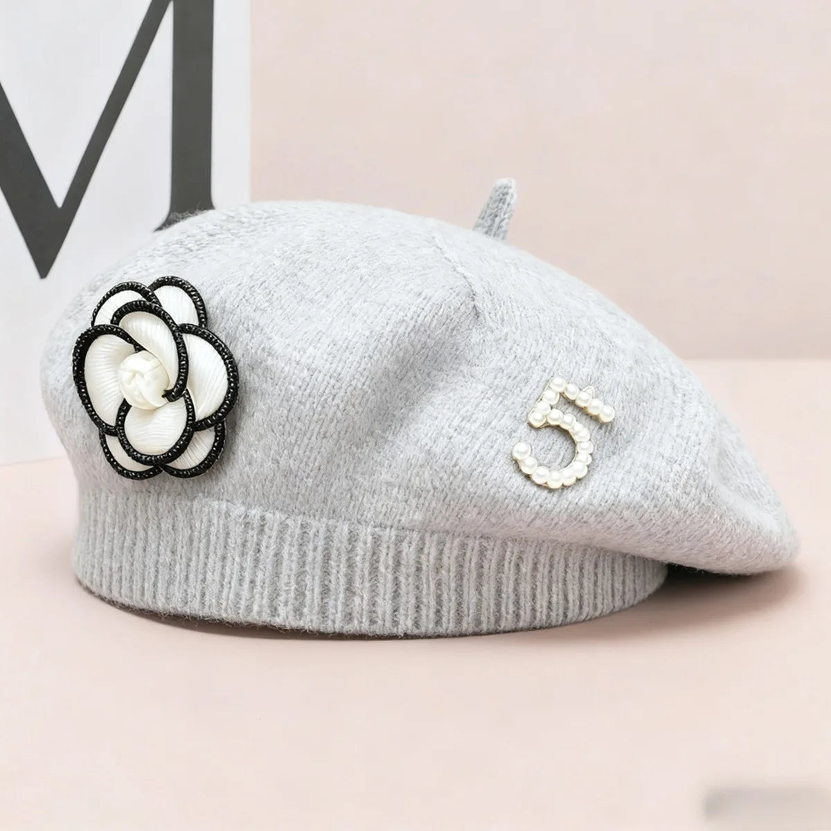 Women's Floral Pearl Knit Beret – Elegant Winter Hat