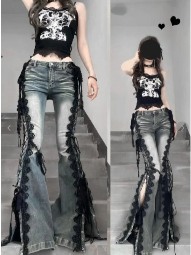 Retro Eyelet Lace-Up Flare Jeans