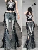 Retro Eyelet Lace-Up Flare Jeans