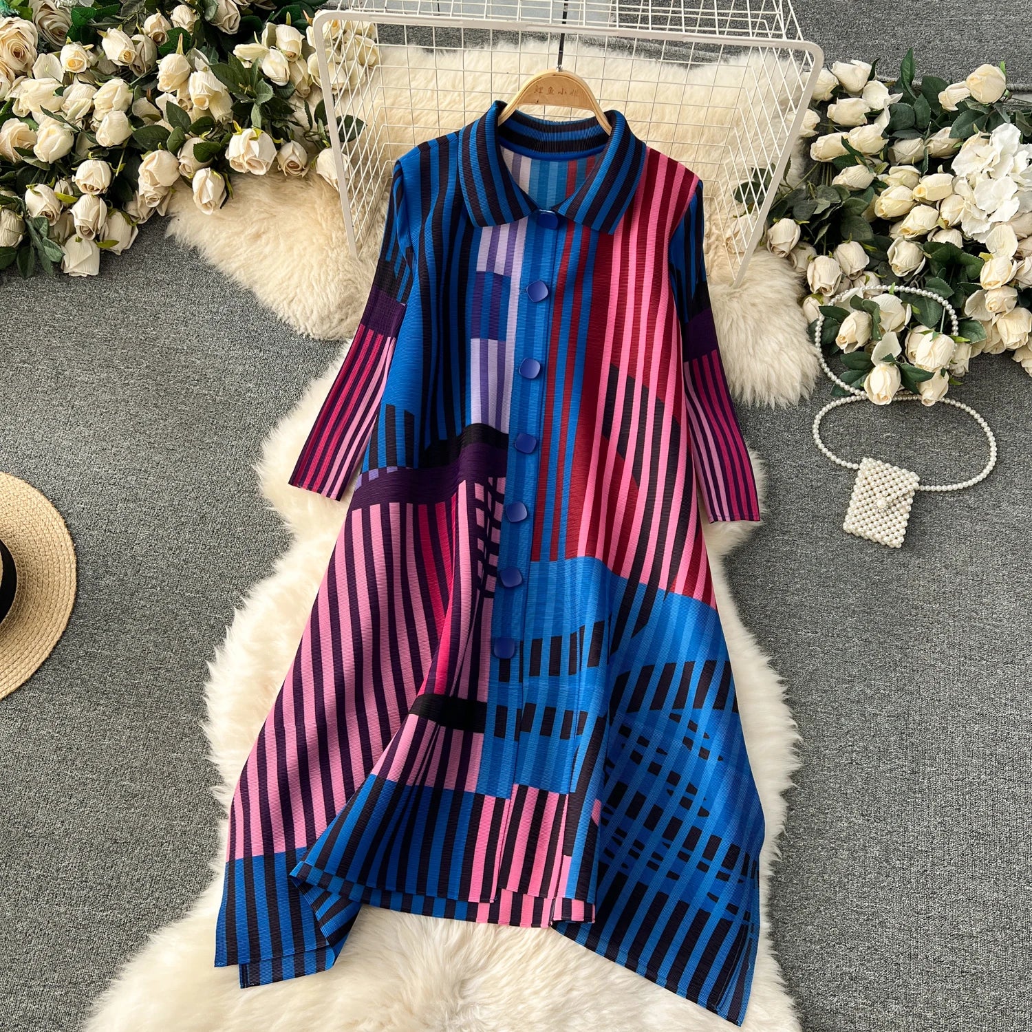 Miyake Pleated Drape Dress – Colorblock Print, 3/4 Sleeve