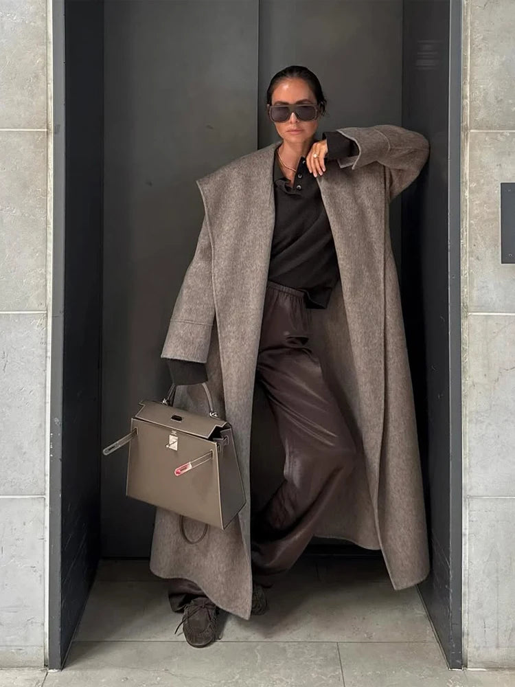 Navy Collar Lace Up Woolen Long Coat Women Elegant V-neck Full Sleeves Pockets Loose Overcoat 2026 Spring Lady Daily Street Wear