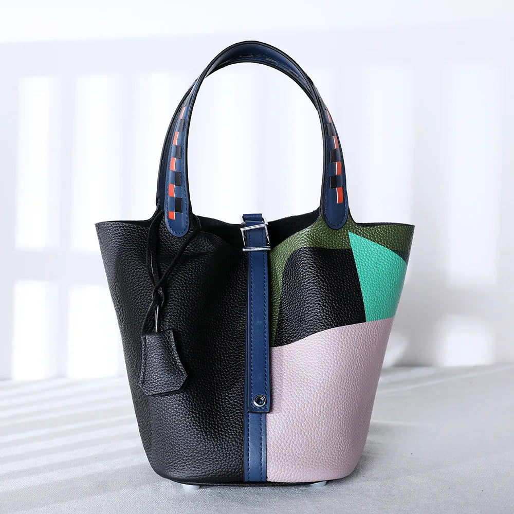 Purses and Handbags Bags for Women Painting Vegetable Basket Handbag Adjustable Shoulder Strap Genuine Leather Bucket Bag