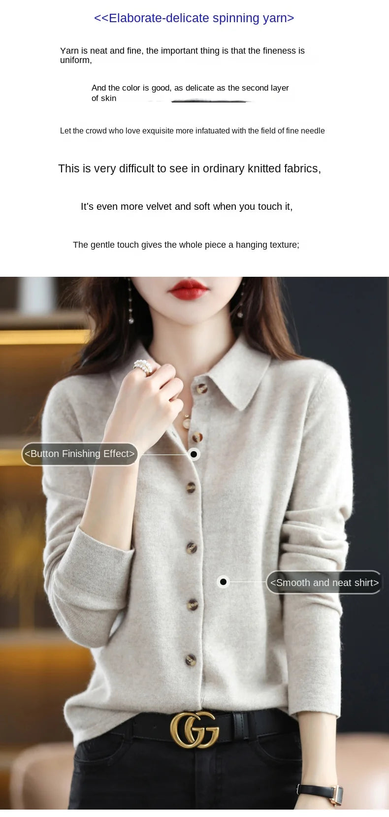 Polo Collar Spun Wool Cardigan – Elegant Single-Breasted Knit Jacket