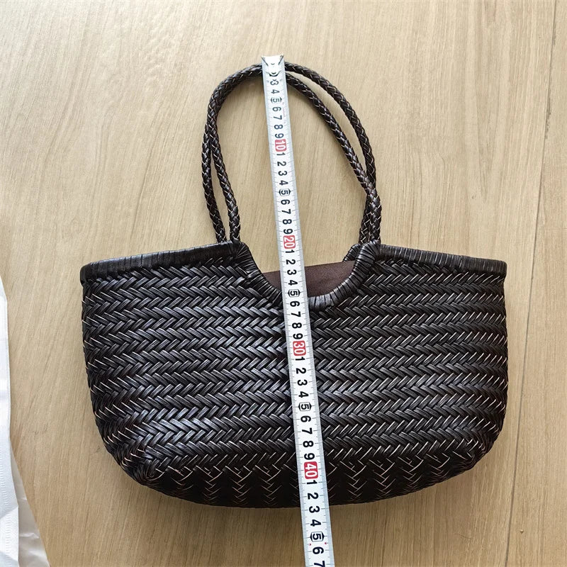Luxury Designer Genuine Leather Cowhide Hand-woven Tote Bag High Quality Vintage Women's  Vacation Travel Beach Shoulder Bag