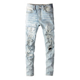 Men's Crystal Embellished Ripped Slim Jeans – Blue