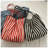 Female Casual Multifunctional Travel Top-handle Handbag Large Capacity Canvas Women Shopper Tote Simple Striped Shoulder Bag2025