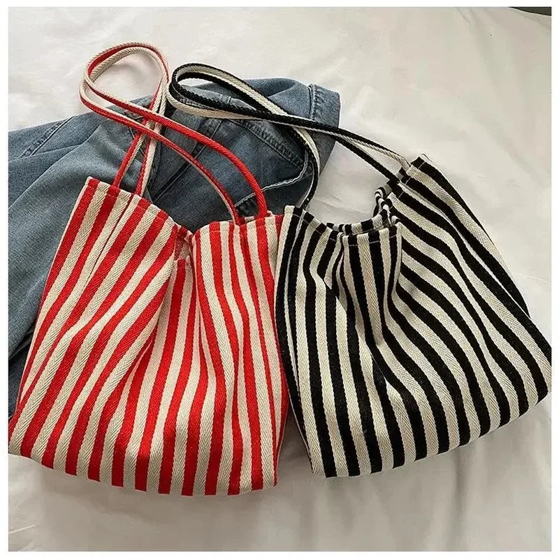 Female Casual Multifunctional Travel Top-handle Handbag Large Capacity Canvas Women Shopper Tote Simple Striped Shoulder Bag2025
